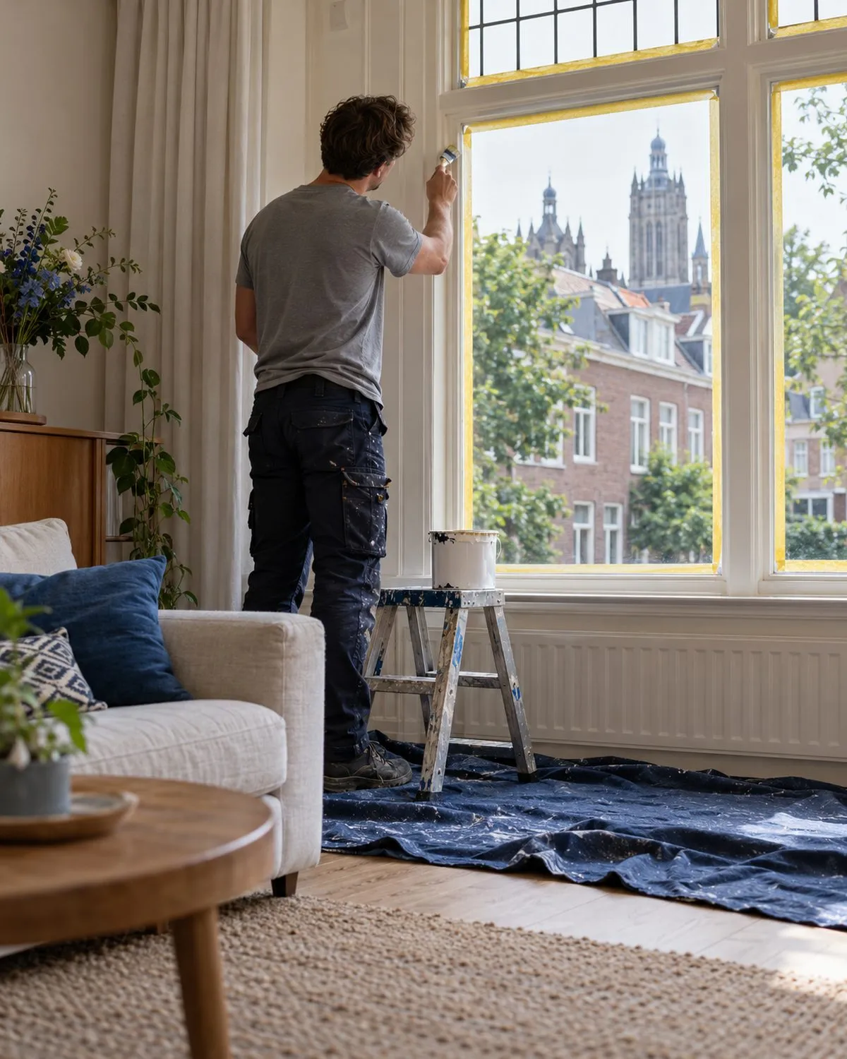 Schilder werkt een wit kozijn bij in een lichte woonkamer, buiten de Bossche binnenstad