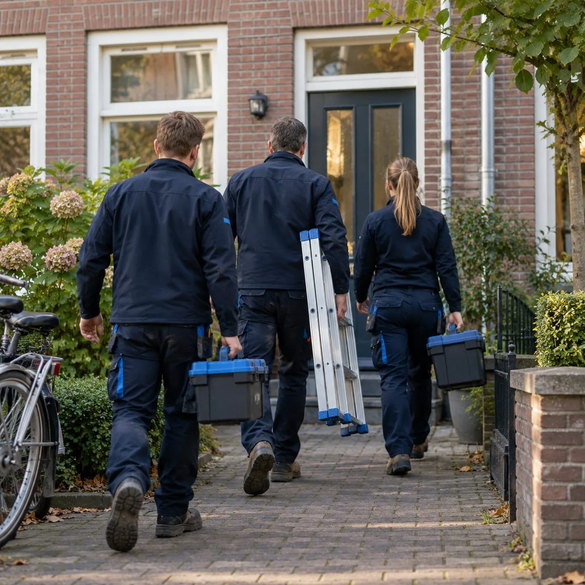 Drie vaklieden lopen met gereedschap en een ladder naar een woning